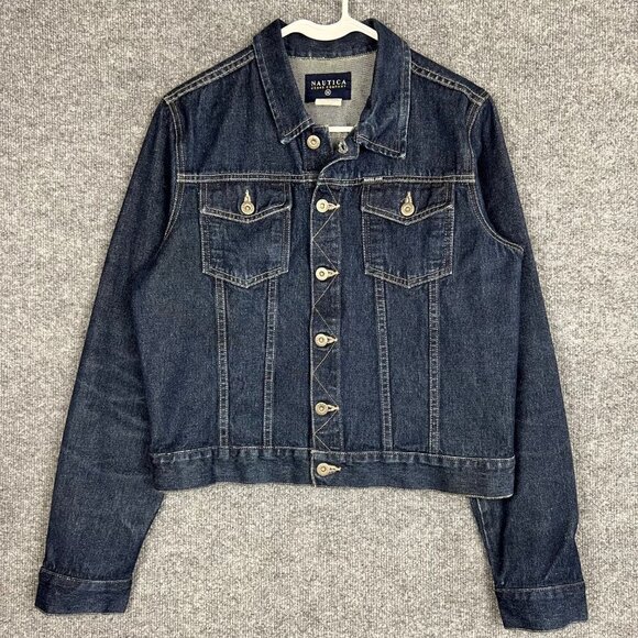VINTAGE Nautica Dark‎ Denim Jean Trucker Jacket Women's Size Medium Button Front - Picture 1 of 8
